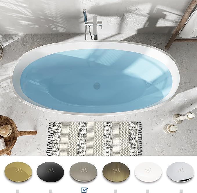 FerdY Tahiti 67" Freestanding Bathtub Elegant Oval Shape, Glossy White Double Walled Insulation bathtub with Center Brushed Nickel Drain, UPC Certified -02119