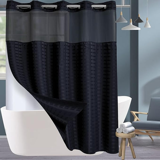 Conbo Mio Extra Long No Hook Shower Curtain with Snap in Liner Set, Hotel Luxury Black Shower Curtains for Bathroom with See Through Top Window, Waterproof, Washable 71W x 84H