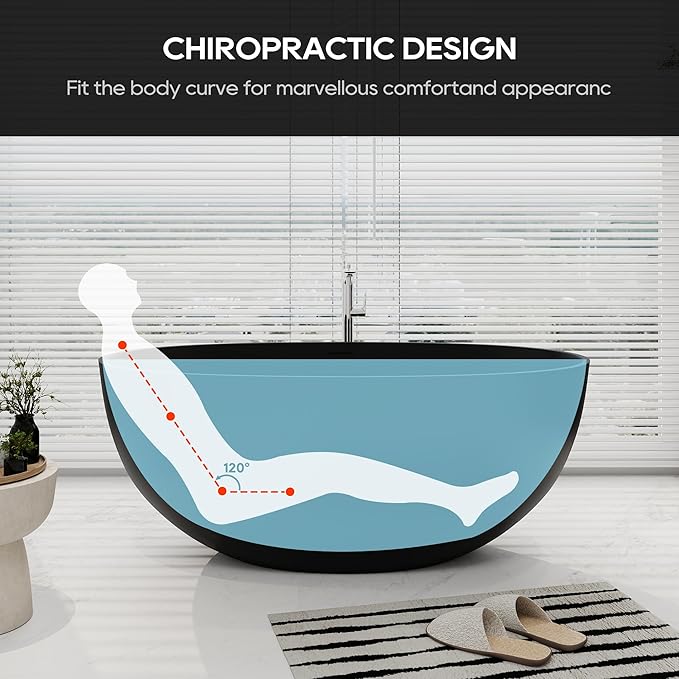 SJ STAR&JANE 55" Solid Surface Freestanding Bathtub, Stone Resin Oval Soaking Tub Matte Black Stand Alone Tub with Overflow and Pop-up Drain for Bathroom
