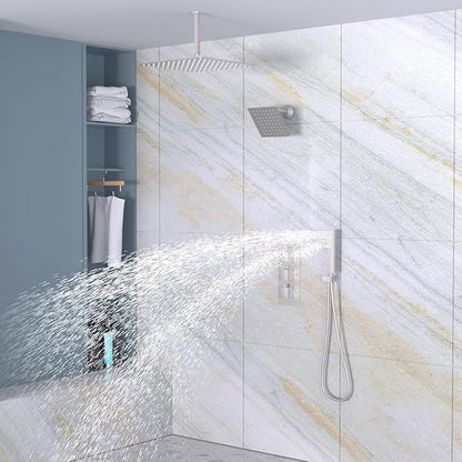 Enga Dual Rain Shower Head System, 16 Inch Ceiling Mount Shower Head with 6 Inch Wall Mount Shower Head Full Body Thermostatic Shower Faucet Set, Brushed Nickel