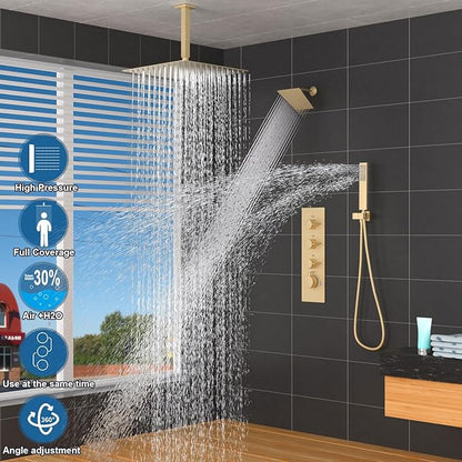 Enga Thermostatic Dual Head Shower System, Shower Faucet Set with 16"+6" Rain Shower Heads & Handheld, All Functions Use Simultaneously, Adjustable Volume, Brushed Gold