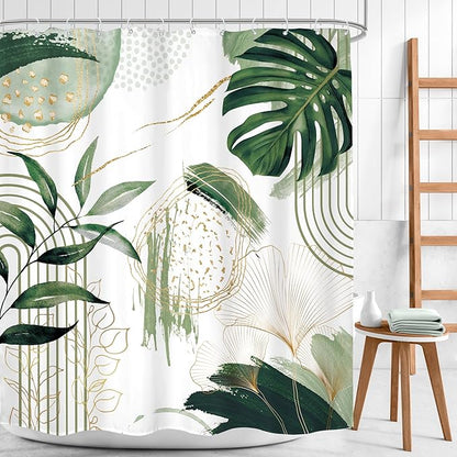 Green Boho Shower Curtain 60Wx72H Sage Green Bohemian Modern Abstract Tropical Palm Leaves Plant Mid Century Bathroom Decor Minimalist Geometric Bath Curtain Fabric Polyester 12 Pack Hooks