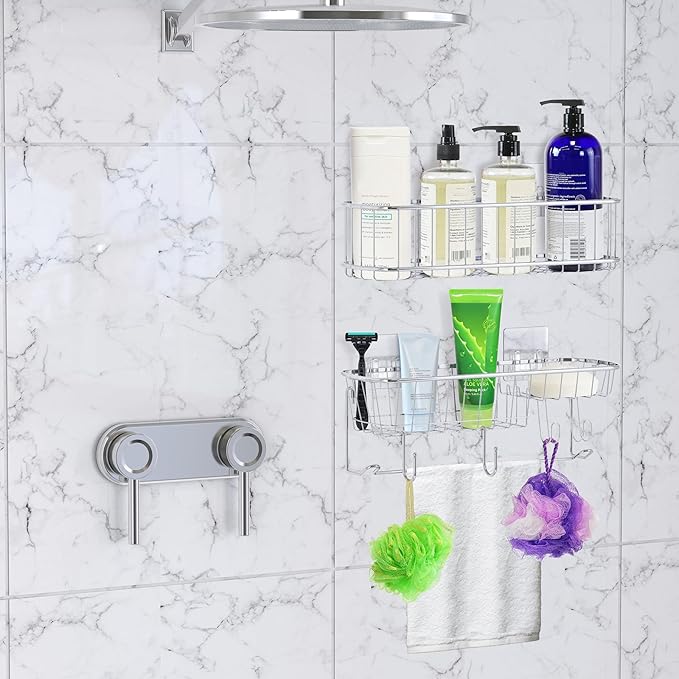Simple Houseware Bathroom Adhesive Wall Mount Large Shower Caddy w/Hooks, Chrome, 2 Pack