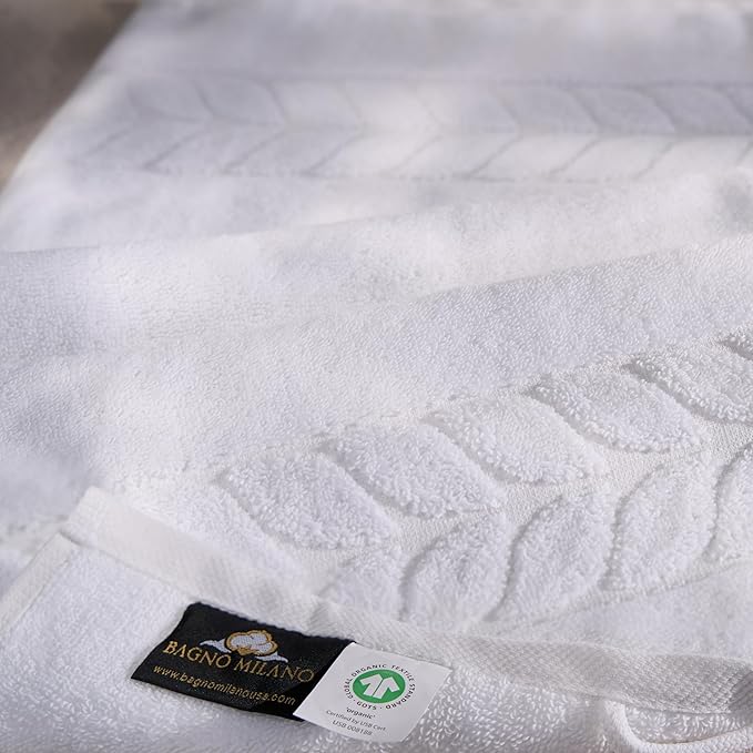 BAGNO MILANO Organic Turkish Cotton Bath Towels, Luxury Jacquard Collection, Certified Organic Highly Absorbent, Soft-Plush Towel Set (White, 2 Pcs Bath Towel Set)