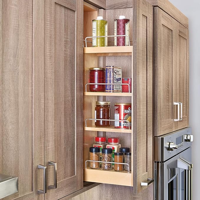Rev-A-Shelf 9" Pull Out Shelf Organizer for Kitchen and Bathroom Cabinets, Wooden Slide Out Spice or Medicine Rack w/Soft-Close, 448-BBSCWC-9C