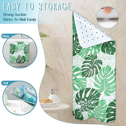 Tropical Leaves Bathtub Mat Non Slip, Boho Bath Tub Mat Baby Bath Mats for Bathroom Anti Slip Shower Mats for Inside Shower, Green Plants Bathmat with Suction and Drain Holes Machine Washable, 40″x16″
