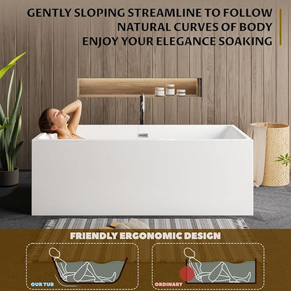 67" Acrylic Freestanding Bathtub - Modern Rectangular Soaking Tub, Glossy White Finish, Chrome Linear Overflow & Drain Kit, CUPC Certified