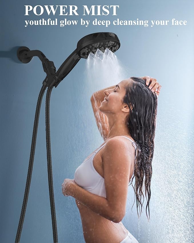 Shower Head With Handheld High Pressure 7 modes, Built-in Power Wash to Clear Tub, Tile, 5" High Powerful Hand Held Rain Showerhead with Stainless Steel Hose and Adjustable Bracket (Matte Black)