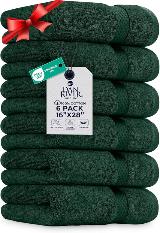 DAN RIVER 6-Pack Premium Hand Towels (16x28 Inches) - 100% Cotton, Ultra Soft, Lightweight, Highly Absorbent Towels for Bathroom, Spa, Gym, Salon, Hotel, and Travel - 550 GSM, Hunter Green