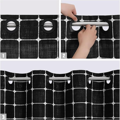 MitoVilla No Hooks Needed Boho Farmhouse Shower Curtain with Snap-in Liner, Cotton Linen Fabric Shower Curtains with Tassels for Rustic Neutral Bathroom Decor, Black and White, 72 x 74