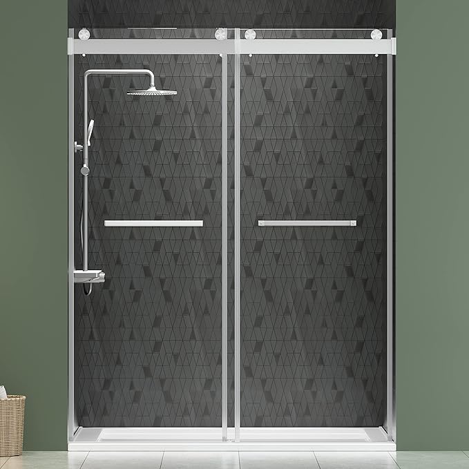 DELAVIN 56"-60" W x 75" H Frameless Shower Door, Double Sliding Shower Door, 5/16"(8mm) Clear Tempered Glass, Noiseless Shatterproof Glass Shower Doors with Square Rail, Stainless Steel, Aluminum
