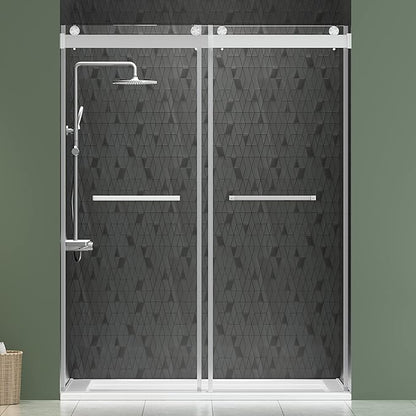 DELAVIN 56"-60" W x 75" H Frameless Shower Door, Double Sliding Shower Door, 5/16"(8mm) Clear Tempered Glass, Noiseless Shatterproof Glass Shower Doors with Square Rail, Stainless Steel, Aluminum