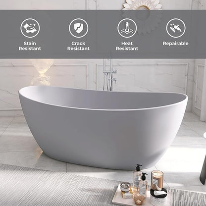 SJ STAR&JANE 65" Solid Surface Freestanding Bathtub Stone Resin Soaking Tub Light Gray Double Slippers Stand Alone Oval Tub with Pop-up Drain and Overflow for Bathroom