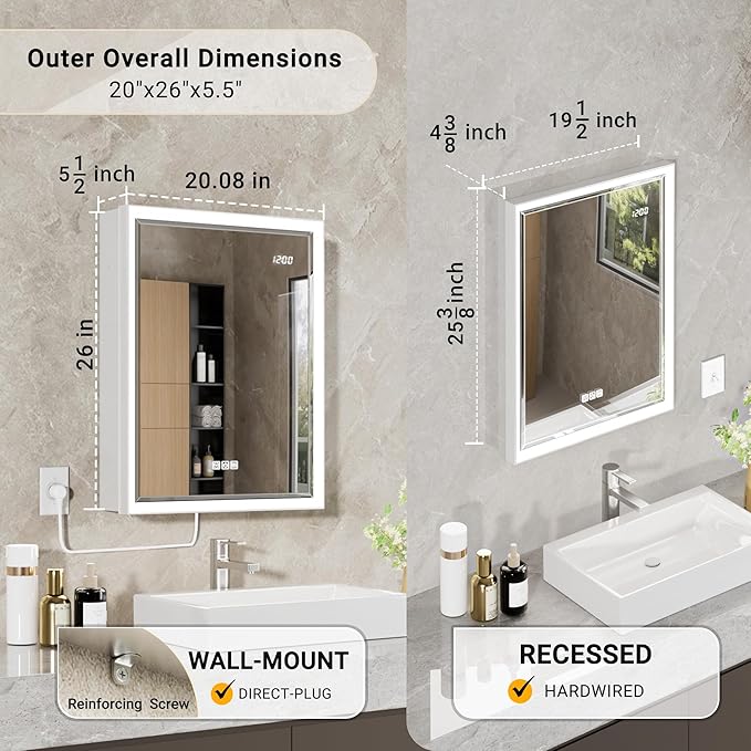 20x26 Lighted Medicine Cabinet with Beveled Mirror & Clock, Surface or Recessed Mirrored Medicine Cabinet with Dimmable Light Anti-fog, Built-in Sensing Light & Outlet, Soft-Close Right Hinge