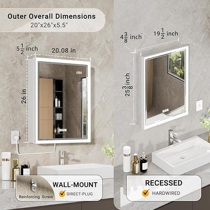 20x26 Lighted Medicine Cabinet with Beveled Mirror & Clock, Surface or Recessed Mirrored Medicine Cabinet with Dimmable Light Anti-fog, Built-in Sensing Light & Outlet, Soft-Close Right Hinge