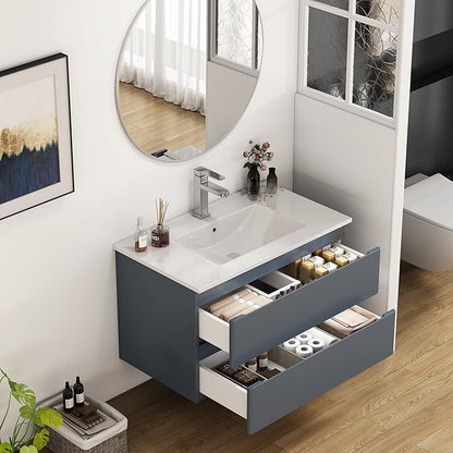 32" Wall Mounted Bathroom Vanity with Sink, Modern Dark Grey Floating Cabinet, Solid Plywood with Round Edges, 2 Soft Close Drawers, Handleless Design, Ceramic Top