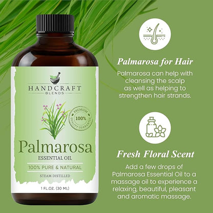 Handcraft Blends Palmarosa Essential Oil – 1 Fl Oz – 100% Pure and Natural – Premium Grade Essential Oil for Diffuser and Aromatherapy, Skin, Massage, Candle and Soap Making Fragrance