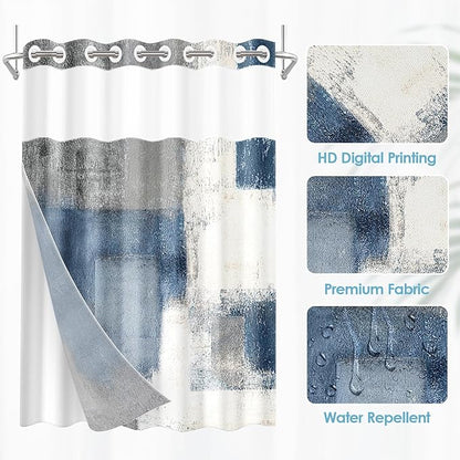No Hook Blue Grey Painting Shower Curtain with Snap in Fabric Liner Set, Gray Abstract Double Layers Waterproof Fabric with See Through Top Window Open Grommet Bath Curtain 71x74 Inch