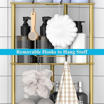 5 Tier Floor Standing Corner Shower Caddy Organizer Shelf with Hooks, Bathroom Shelves Stand Rack, Gold