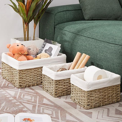 Vagusicc Wicker Basket, Seagrass Wicker Storage Basket with Built-in Handles, Baskets for Organizing, 15'' Large Storage Baskets for Shelves with Liner bathroom organizer (3-Pack Seagrass Baskets Set)