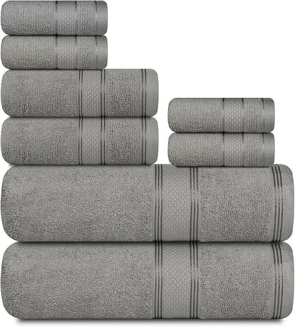 Casa Lino Bath Towel Set of 8 (2 Bath Towels, 4 Wash Cloths & 2 Hand Towels for Bathroom) - 100% Cotton - Highly Absorbent & Quick Dry - Guest Room Essentials for Bathroom Set - (Silver Grey)