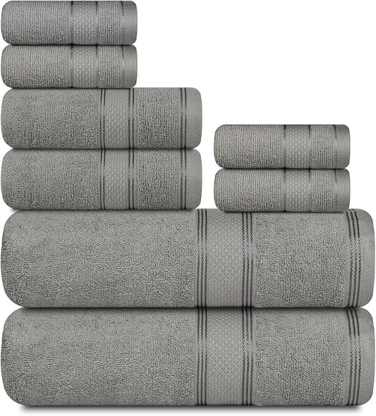 Casa Lino Bath Towel Set of 8 (2 Bath Towels, 4 Wash Cloths & 2 Hand Towels for Bathroom) - 100% Cotton - Highly Absorbent & Quick Dry - Guest Room Essentials for Bathroom Set - (Silver Grey)
