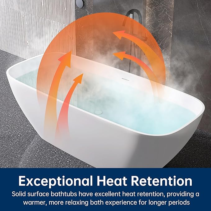 59'' Freestanding Bathtub Resin Stone Deep Soaking Tubs Solid Surface Matte Tub with Overflow and Pop-up Drain