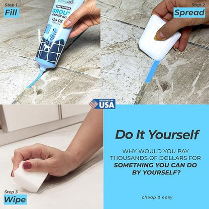 PentaUSA Tile Grout - Large Grout Filler Repairs Renews Tube, Fast Drying Grout Repair Kit, Odorless Formula - Grout Floater Included - 13.4oz / 380gr (Blue)