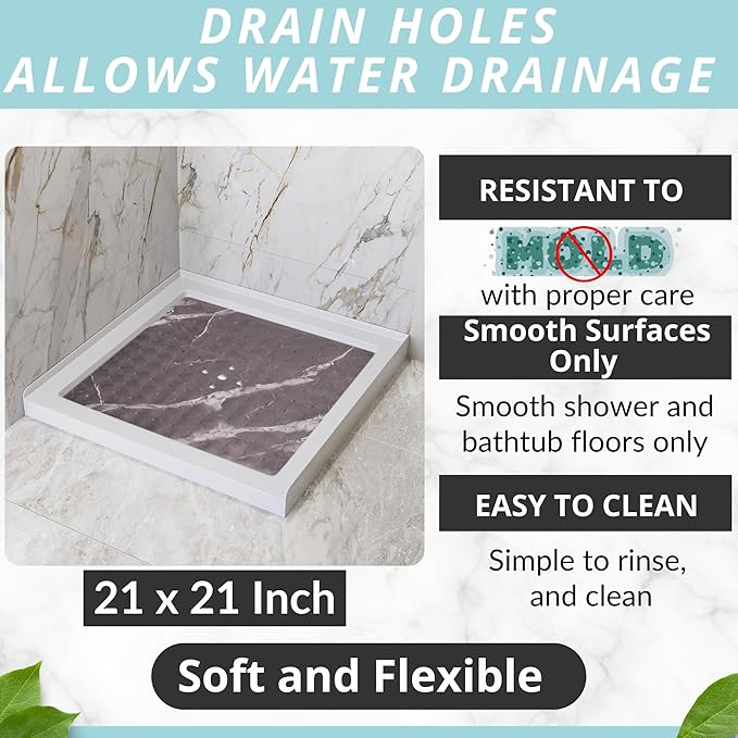 ENKOSI Square Shower Mat 21 x 21 – Anti Slip Shower Mat with Secure Suction Cups and Drain Holes – Square Shower Stall Floor Mats with Black Marble Design (Marble Black 21x21)