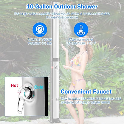 Giantex 7.2 FT 10 Gallon 2-Section Solar-Heated Outdoor Shower, Pool Shower W/Free-Rotating Shower Head, Foot Tap Spigot, Faucet, Temperature and Pressure Adjustment for Backyard, Garden, Beach Spa