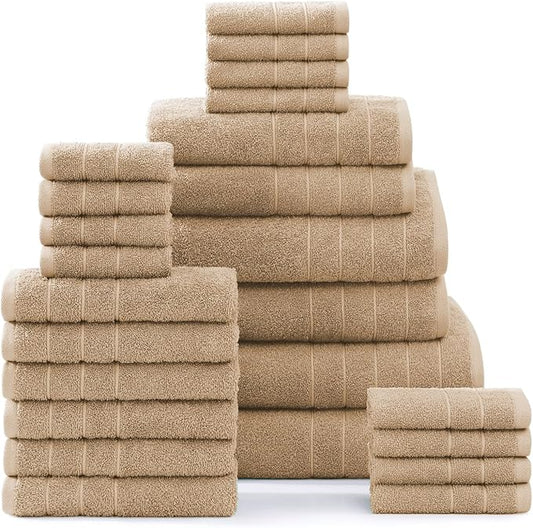 Casa Platino 100% Mercerized Cotton Bathroom Towels Set - 24 Pc - Ringspun, Soft & Absorbent - 2 Bath Sheets, 2 Gym, 2 Bath, 4 Fingertip, 6 Hand Towels, 8 Washcloths - Double Sided Terry - Beige