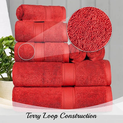 BLUENILEMILLS Madison Egyptian Cotton Towels, Towel Set for Bathroom, Shower, Hotel, Plush, 800 GSM, Highly Absorbent and Ultra-Soft Towels, Bath Essentials, 8 Piece Assorted Towel Set, Red