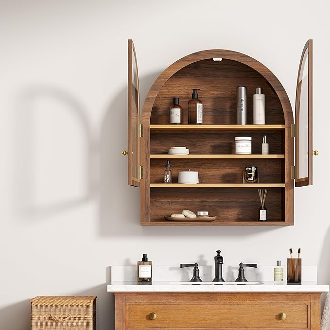 Arched Wall Cabinet with Acrylic Door, Large Wooden Wall Mounted Bathroom Cabinet, Modern Hanging Medicine Cabinet with Adjustable Shelf and Open Shelf, Brown/Oak