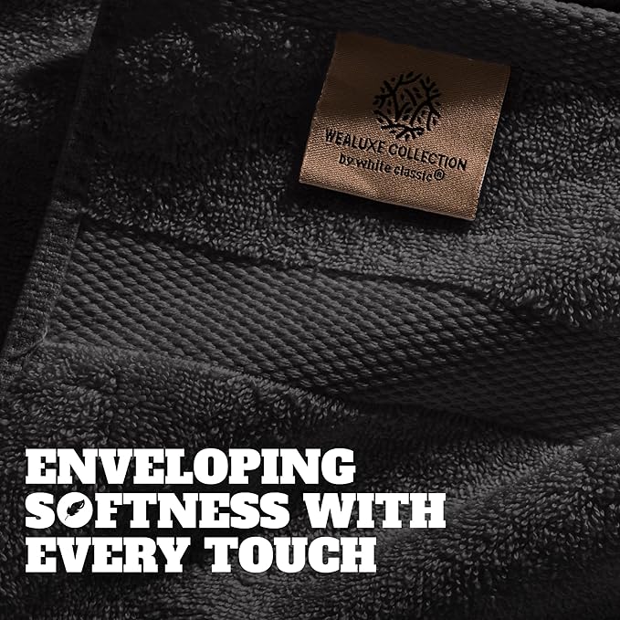 White Classic Wealuxe Black Washcloths 24 Pack - 600 GSM 100% Ring-Spun Cotton Wash Cloths for Showering, Highly Absorbent and Soft | 12x12 Inches