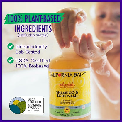 California Baby Calendula Baby Shampoo + Baby Wash | 100% Plant-Based | Soothing Lavender Body Wash Sensitive Skin | Hypoallergenic | 251 mL / 8.5 oz