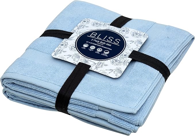 Bumble Towels Bliss Luxury 2 Pack Banded Bath Mats - 22" x 34" - Premium Quality Bath Mat Set - 1000 GSM - Soft Combed Cotton, Absorbent (Sky Blue)