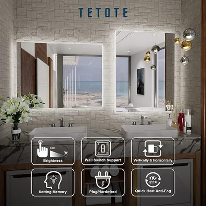 TETOTE 24x32 LED Backlit Mirror Bathroom with Light,3Color White/Warm/Natural,Anti-Fog Lighted Mirror,Dimmable,Vanity Mirror,Wall Mounted