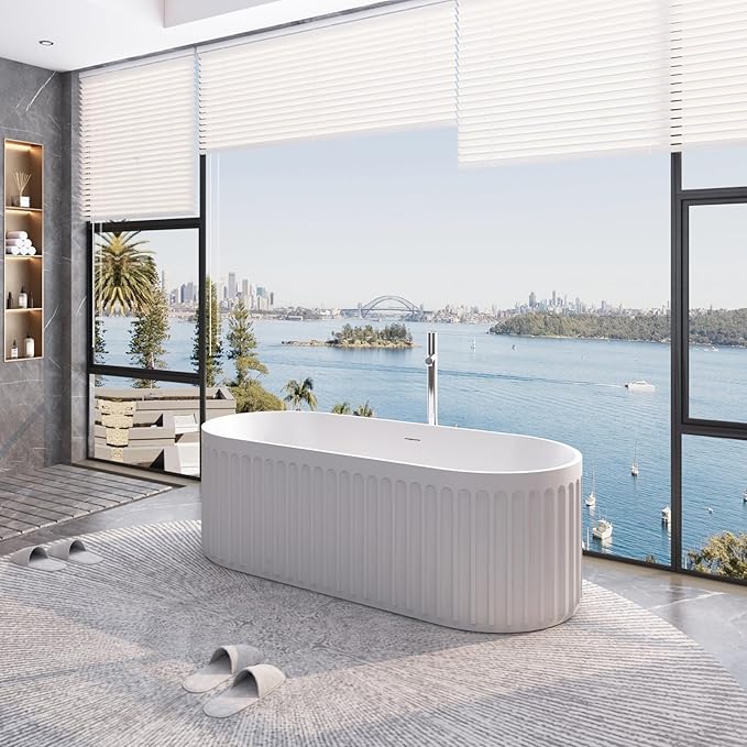 67" Freestanding Solid Surface Bathtub, Luxury Engineered Stone Resin Freestanding Soaking Bathtub with Overflow and Pop-up Drain cUPC Certified, Matte White