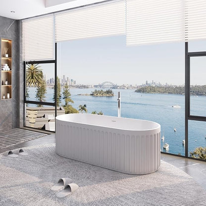 67" Freestanding Solid Surface Bathtub, Luxury Engineered Stone Resin Freestanding Soaking Bathtub with Overflow and Pop-up Drain cUPC Certified, Matte White