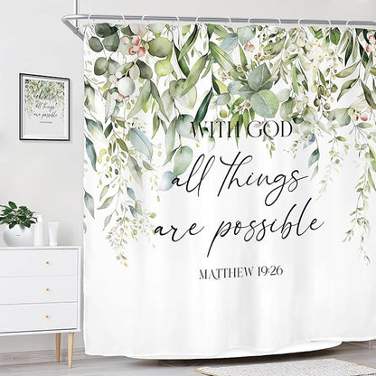 Riyidecor Sage Green Eucalyptus Leaves Shower Curtain for Bathroom Decor 72Wx72H Bible Verse Quotes Spring Floral Botanical Watercolor Art Printed Fabric Polyester Waterproof 12 Pack Metal Hooks