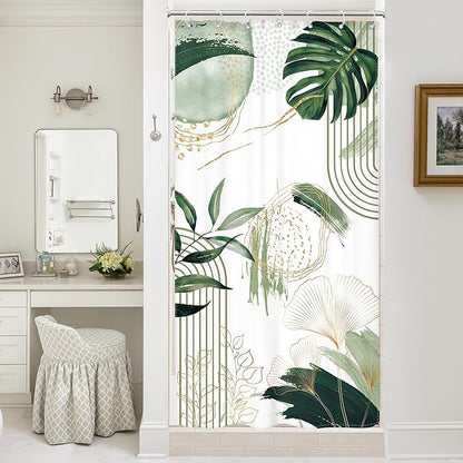 Small Stall Boho Shower Curtain 36Wx72H RV Sage Green Modern Mid Century Bohemian Abstract Palm Leaves Tropical Bathroom Decor Half Narrow Standing Bath Curtain Fabric Polyester 7 Pack Hooks
