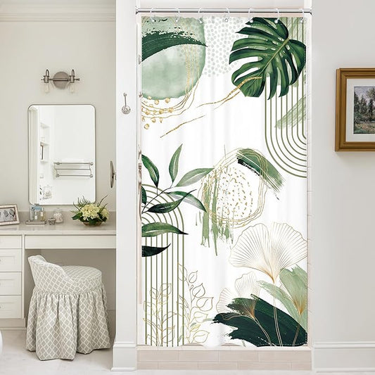 Small Stall Boho Shower Curtain 36Wx72H RV Sage Green Modern Mid Century Bohemian Abstract Palm Leaves Tropical Bathroom Decor Half Narrow Standing Bath Curtain Fabric Polyester 7 Pack Hooks