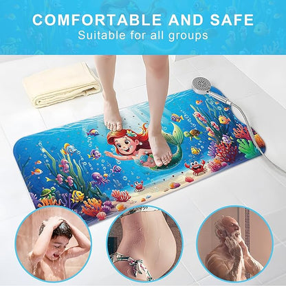 Upgrade Cartoon Baby Bath Mat Non Slip - 40"x16" Extra Long Bathtub Mat for Baby Eco Friendly Durable Bath Mat for Tub Non Slip Kids Tub Mat with Suction Cups, Machine Washable and No Fading, Mermaid