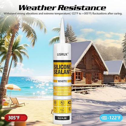 White Advanced Silicone Caulk, 100% Waterproof Silicone Sealant Indoor Outdoor Caulking for Window, Door, RV, Roof, Auto & Marine, Kitchen, Bathroom, Glass,15.2 oz（6-Pack） No Odor
