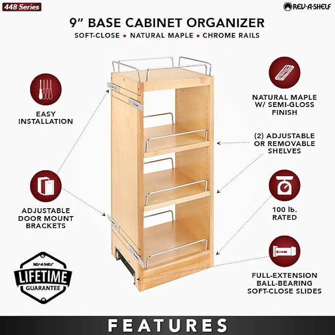 Rev-A-Shelf 9" Pull Out Shelf Organizer for Kitchen and Bathroom Cabinets, Wooden Slide Out Spice or Medicine Rack w/Soft-Close, 448-BBSCWC-9C