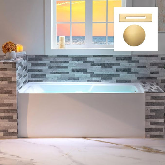 WOODBRIDGE 60" Acrylic Rectangular Alcove Soaking Bathtub in White with Right Drain, Brushed Gold Pop-Up Drain Included BA6030R