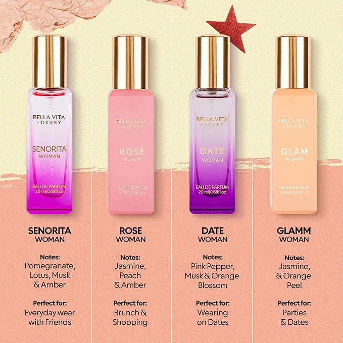 BellaVita Luxury Women's Perfume Gift Set (4x20ml) | Notes of Floral, Sweet, Spicey Red Fruit, Vanilla & Musk | DATE, SENORITA, GLAM & ROSE | French Parfum Collection Gift Set