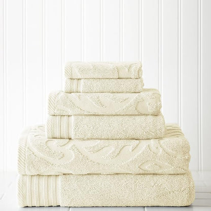 Modern Threads 6 Piece Jacquard/Solid Towel Set-Medallion Swirl Ivory