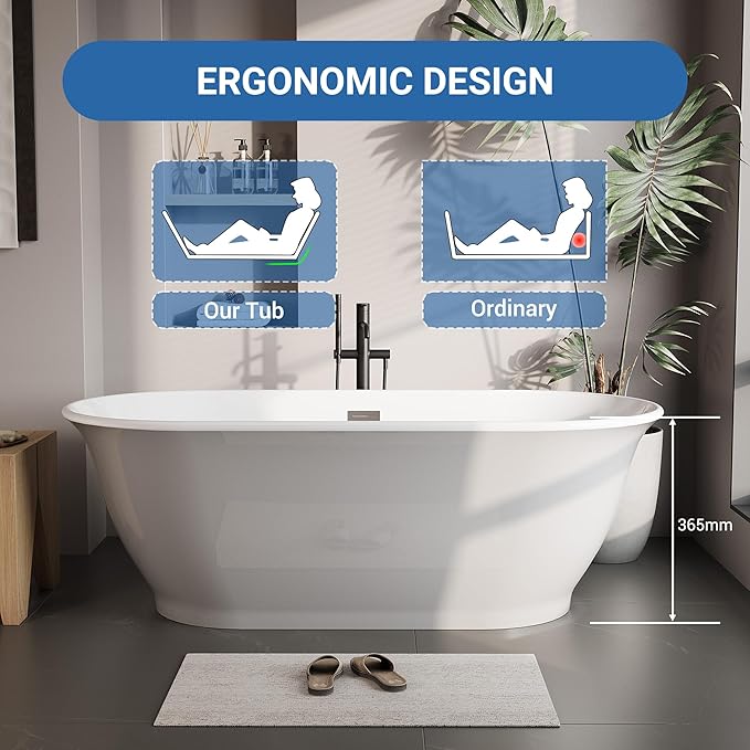 Freestanding Bathtub 59 Inch Oval Acrylic Soaker Tub – Flared-Edge Free Standing Bathtub with Gray Exterior White Interior, Chrome Drain & Overflow