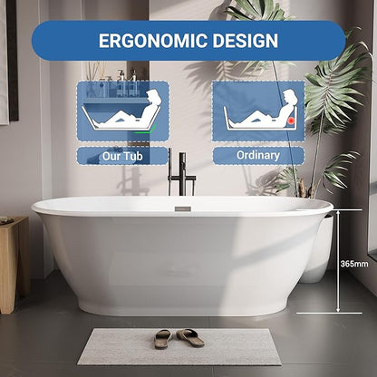 Freestanding Bathtub 59 Inch Oval Acrylic Soaker Tub – Flared-Edge Free Standing Bathtub with Gray Exterior White Interior, Chrome Drain & Overflow